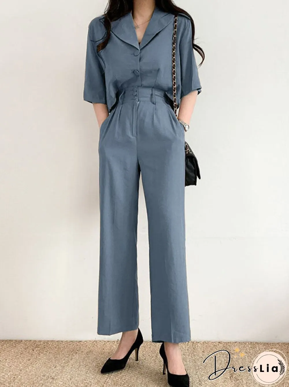 Solid Button Front Pocket Lapel Short Sleeve Two Pieces Suit