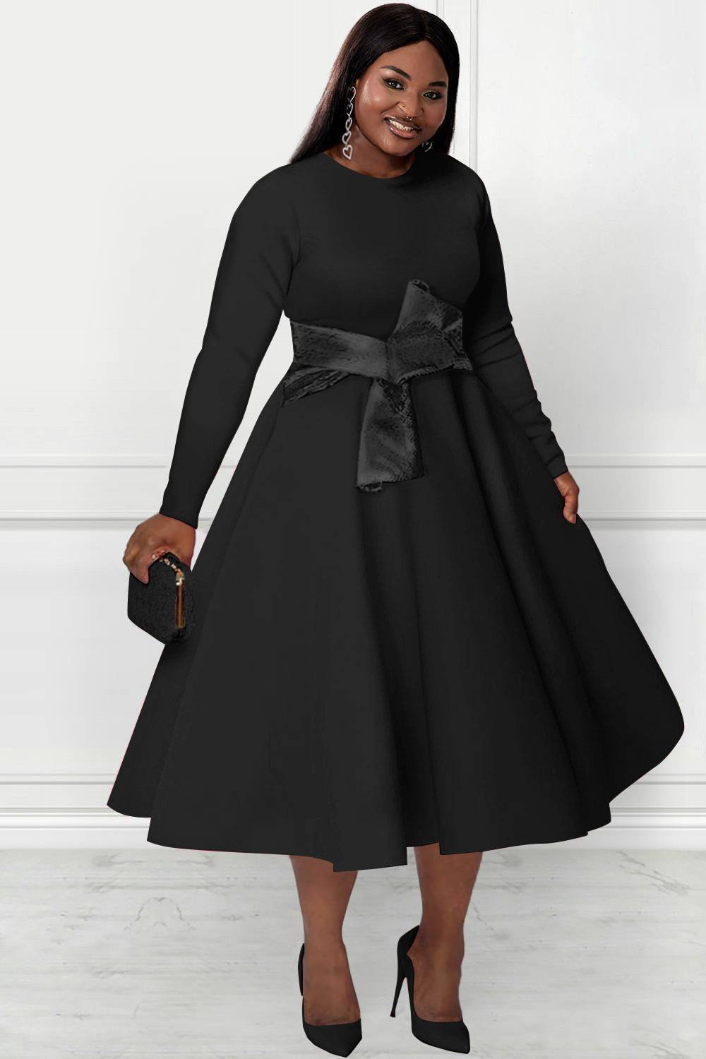 Design Plus Size Formal Midi Dresses Elegant Black Fall Winter Crew Neck Long Sleeve Contrast Knitted Midi Dresses