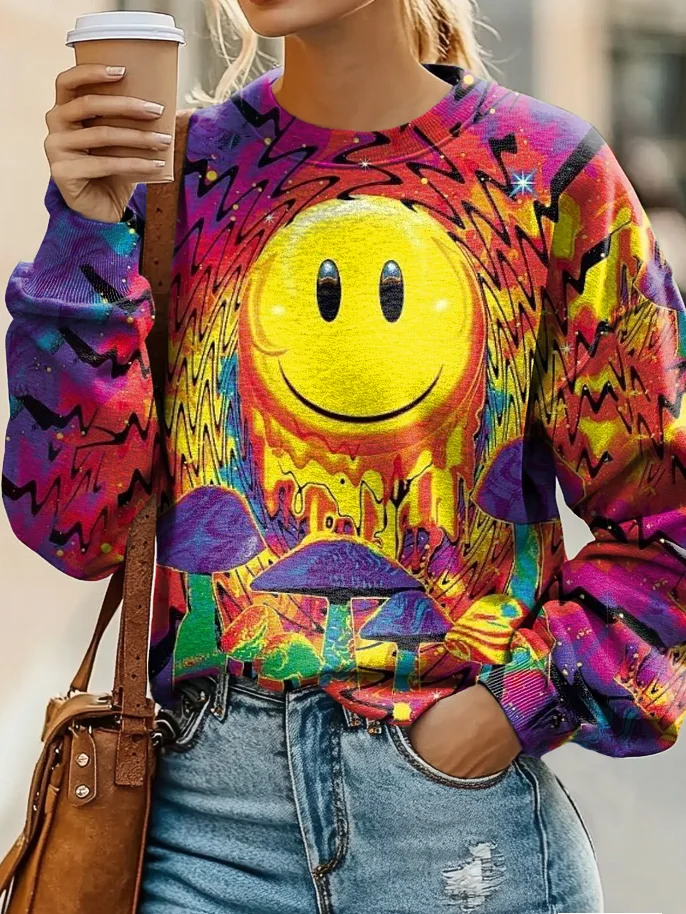 Smiley Mushroom Fantasy Pattern Art Print Casual Sweatshirt