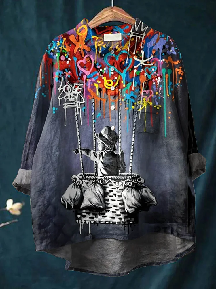 Women s Fun Hot Air Balloon Pattern Casual Cotton And Linen Shirt