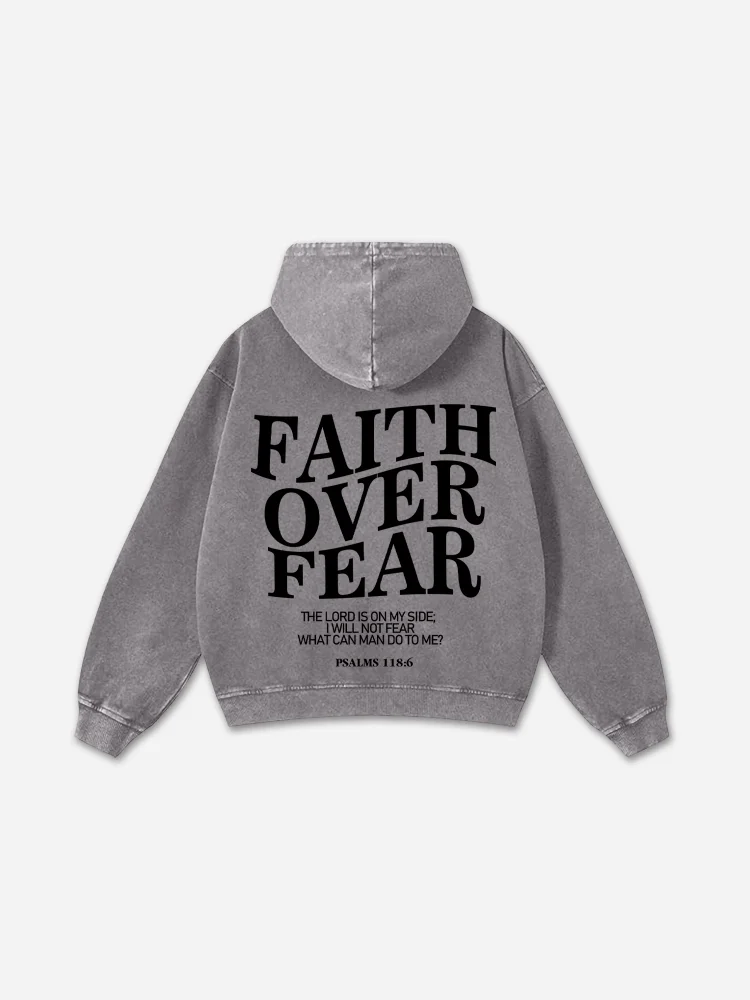 Vintage Fear Over Faith Graphic Acid Washed Oversized Zip-up Hoodie