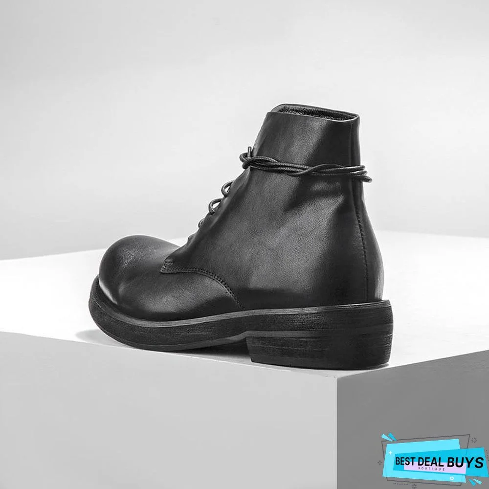 Men Casual Shoes High-Top Ankle Riding Boots Vintage Genuine Leather Sneakers Black Lace Up Work Boots