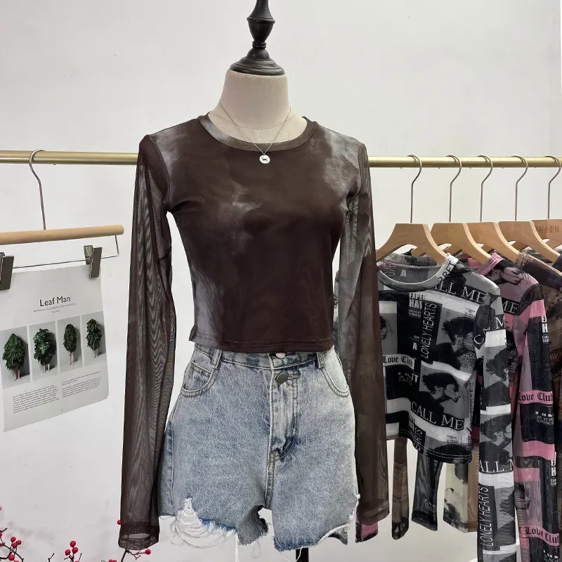 Churchf Real Shooting Front Double-Layer Tie-Dye Printing Mesh Long-Sleeved Top Short High-Waisted T-Shirt T-Shirt 8960