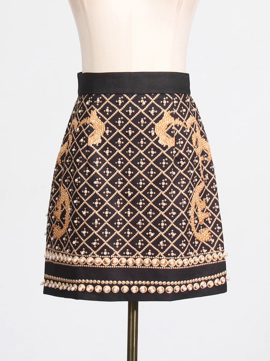 Toloer Toloer 2024 New Style Retro Print Nail Bead High Waist Thin Design Sense Short A-Line Skirt Woman-Outfit Ideas