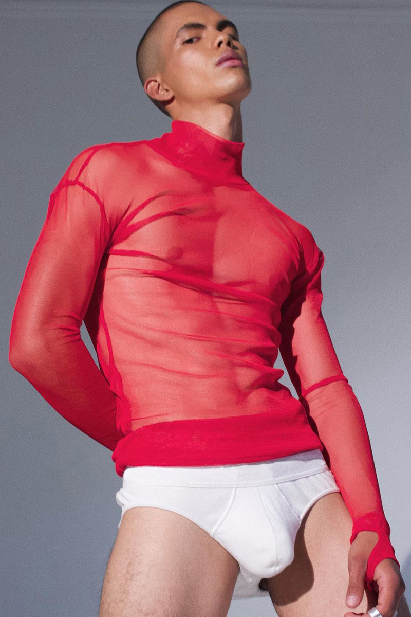 Ciciful See Through Red Mesh High Neck Stretchy Slim Fit Top