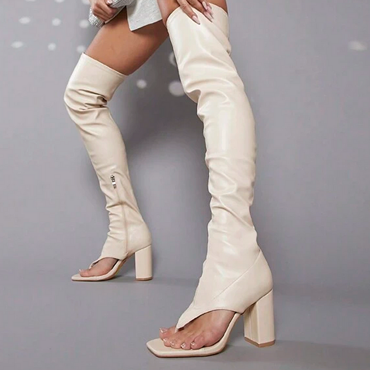 Ivory Square Toe Sandal Boot Elegant Chunky Heel Zipper Shoes Fashion Thigh Boots |FSJ Shoes