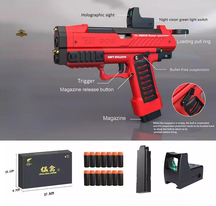 Labeled diagram of Raptor pistol with packaging, darts, magazine, and reflex sight shown below