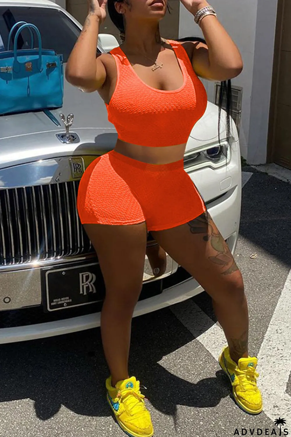 Yellow Fashion Casual Solid Basic U Neck Sleeveless Two Pieces