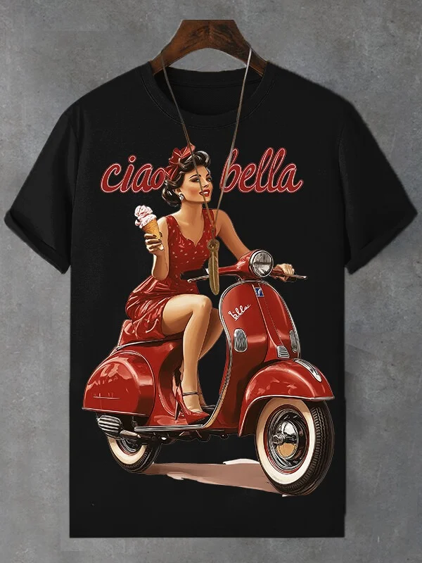 Men's Girl Moped Ciao Bella Travel Print Cotton Casual T-Shirt