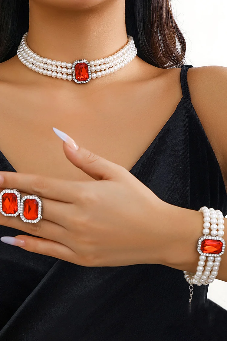 Fashion Rhinestone Multilayer Pearl Choker Earrings Ring Bracelet Jewelry Set
