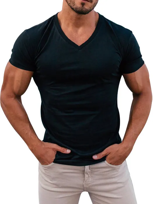 Men's V-neck Knitted Basic Simple And Comfortable Short-sleeved T-shirt PLUSCLOTHESMAN