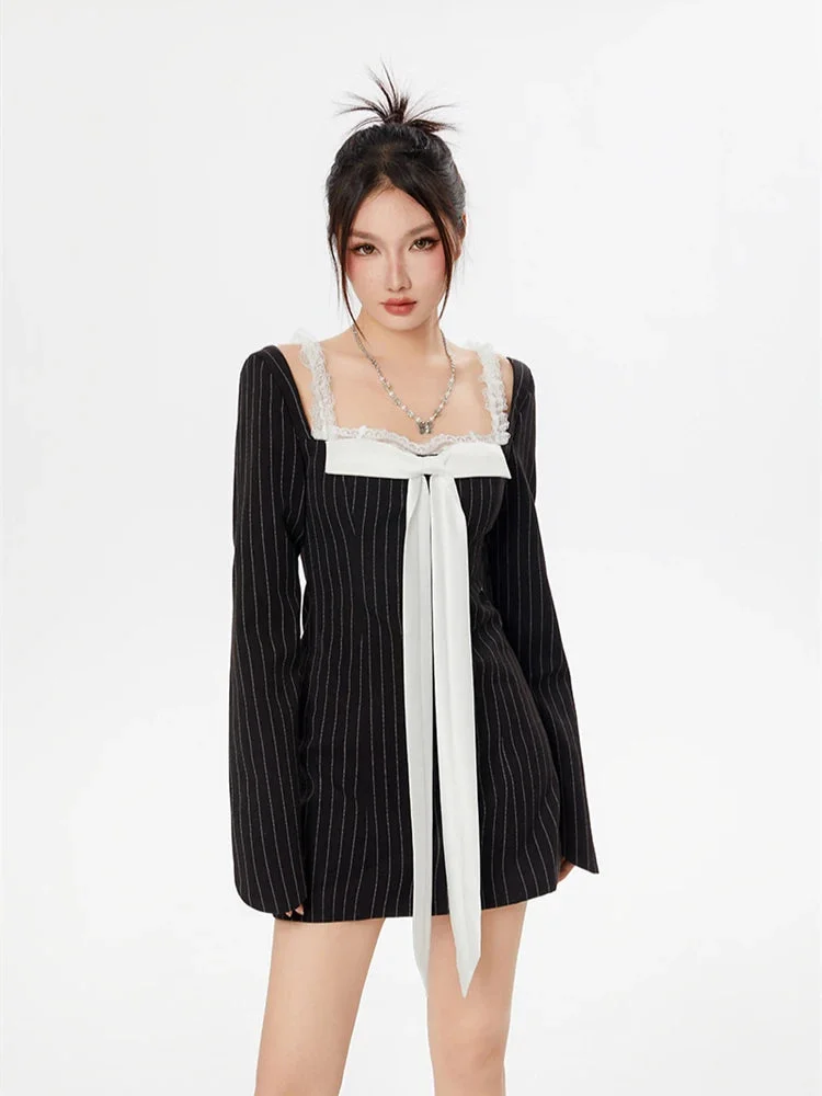 Brownm Lace Strap Bow Mini Dress