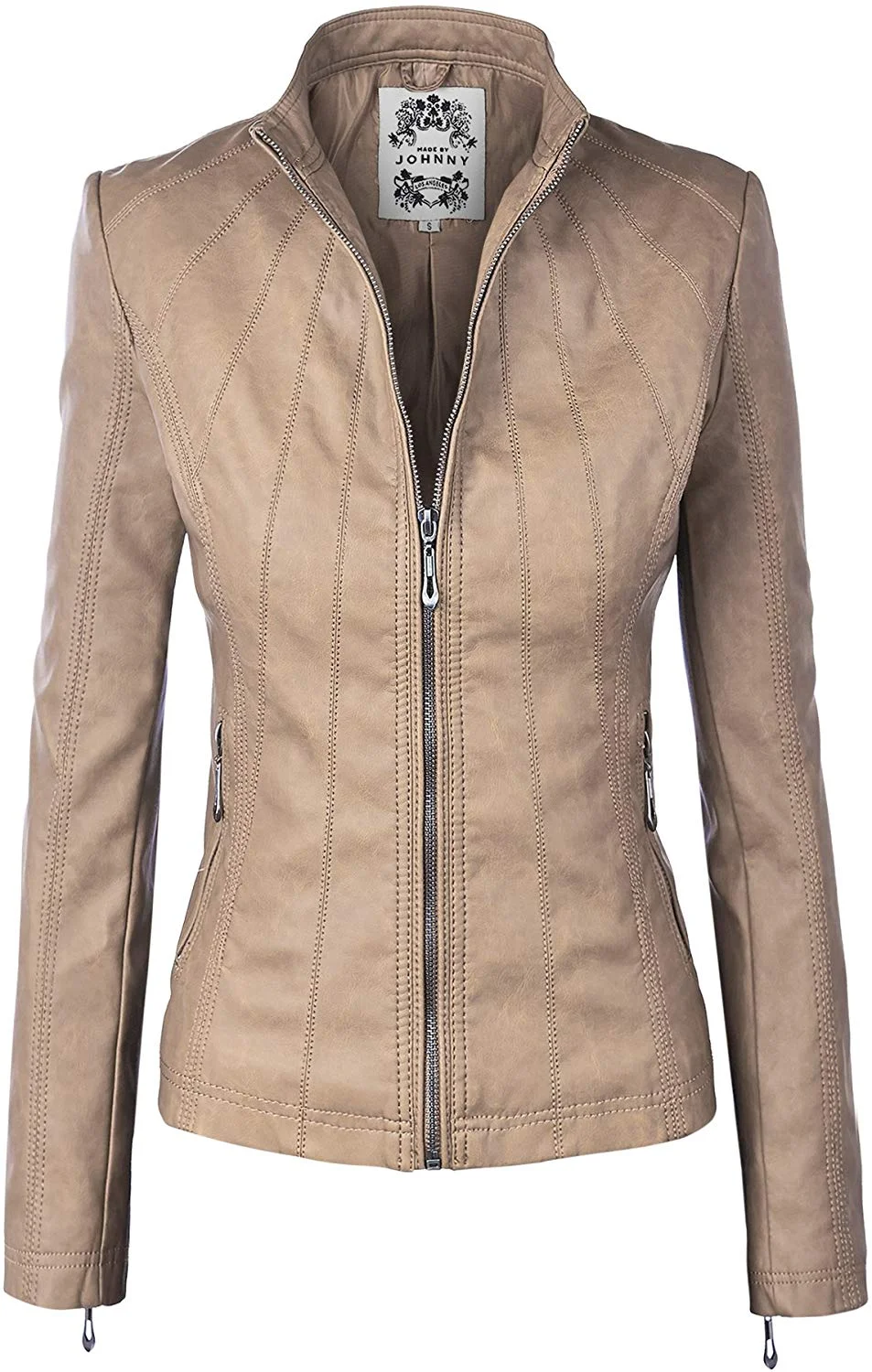 Made By Johnny Womens Faux Leather Zip Up Moto Biker Jacket with Stitching Detail