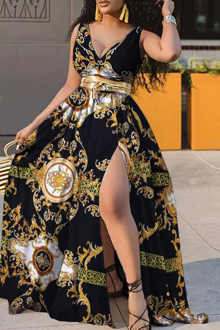 Black Fashion Casual Print Patchwork Slit V Neck Sleeveless Dress