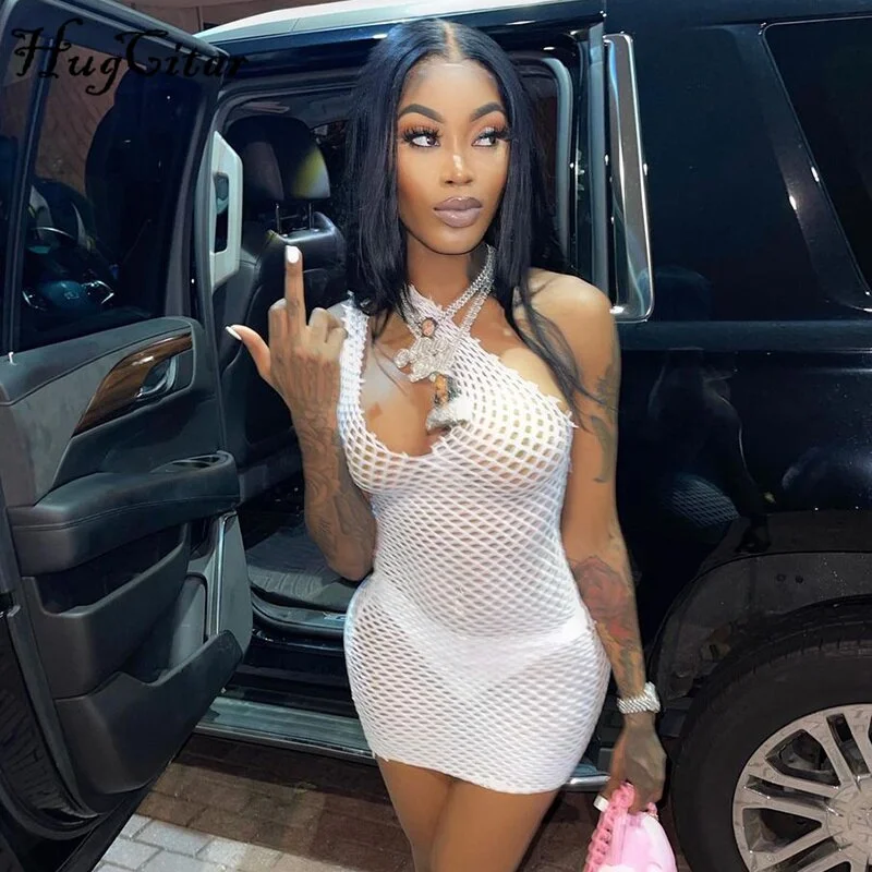 Hugcitar Halter Singel Shoulder Cut Out Solid Skinny Sexy Mini Dress 2021 Autumn Women Fashion Party Club Elegant Outfits Y2K