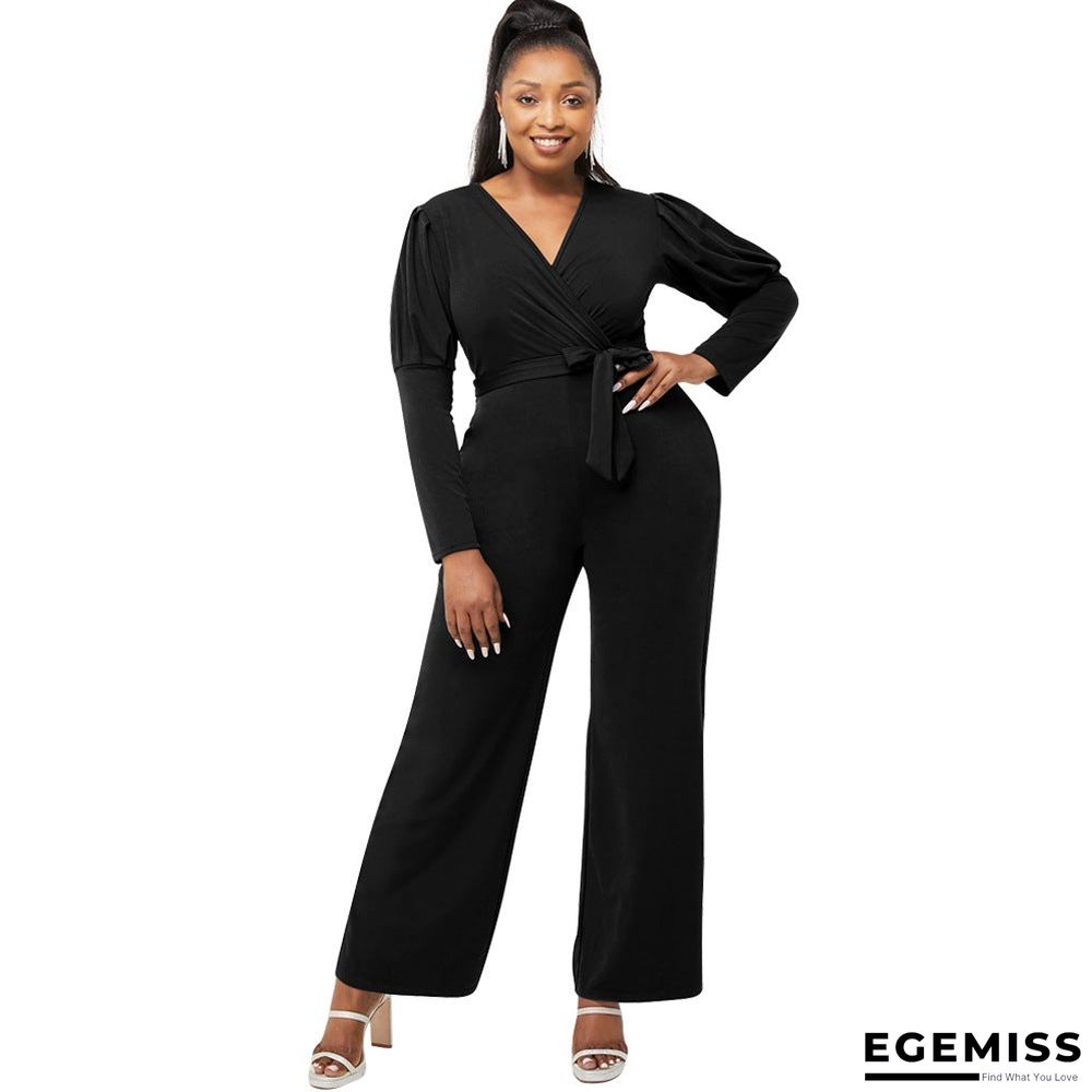 Autumn and Winter Solid Color V-neck Bubble Sleeve Personalized Casual Wide Leg Jumpsuit | EGEMISS