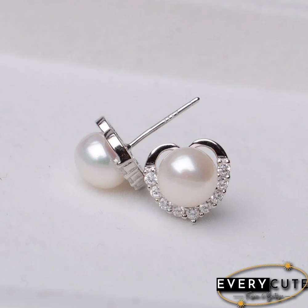Trendy Fashion Women's S925 Silver Exquisite Pearl Heart-shaped Diamond Crystal Earrings Prevent allergy Jewelry