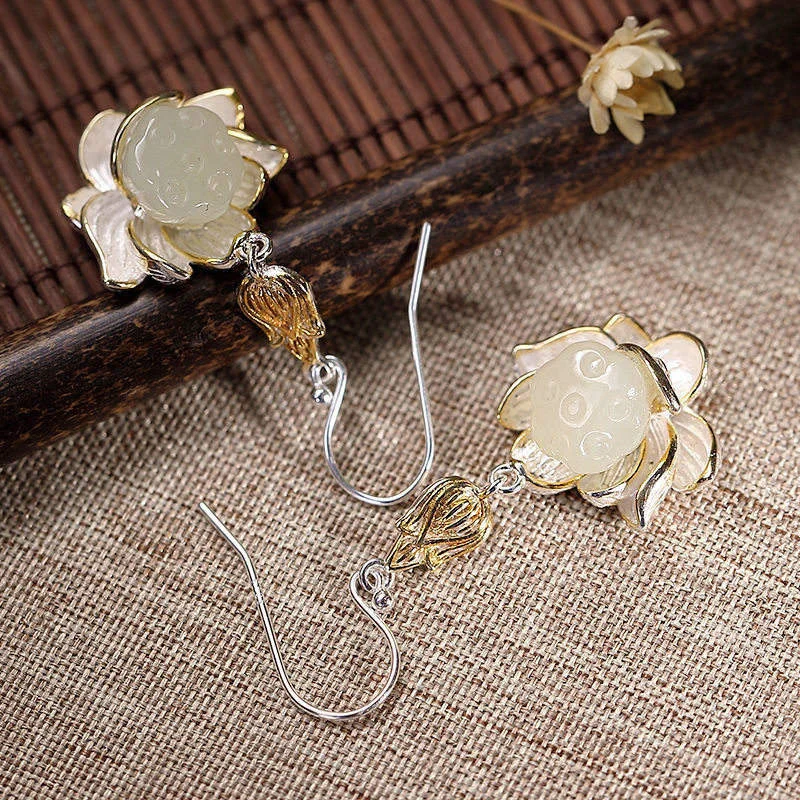 White Jade Lotus Harmony Protection Drop Earrings