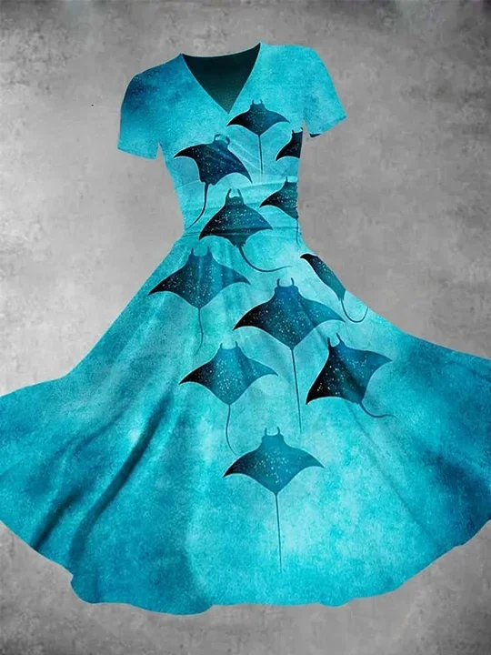 Women's Vintage Manta Rays Art Print Maxi Dress