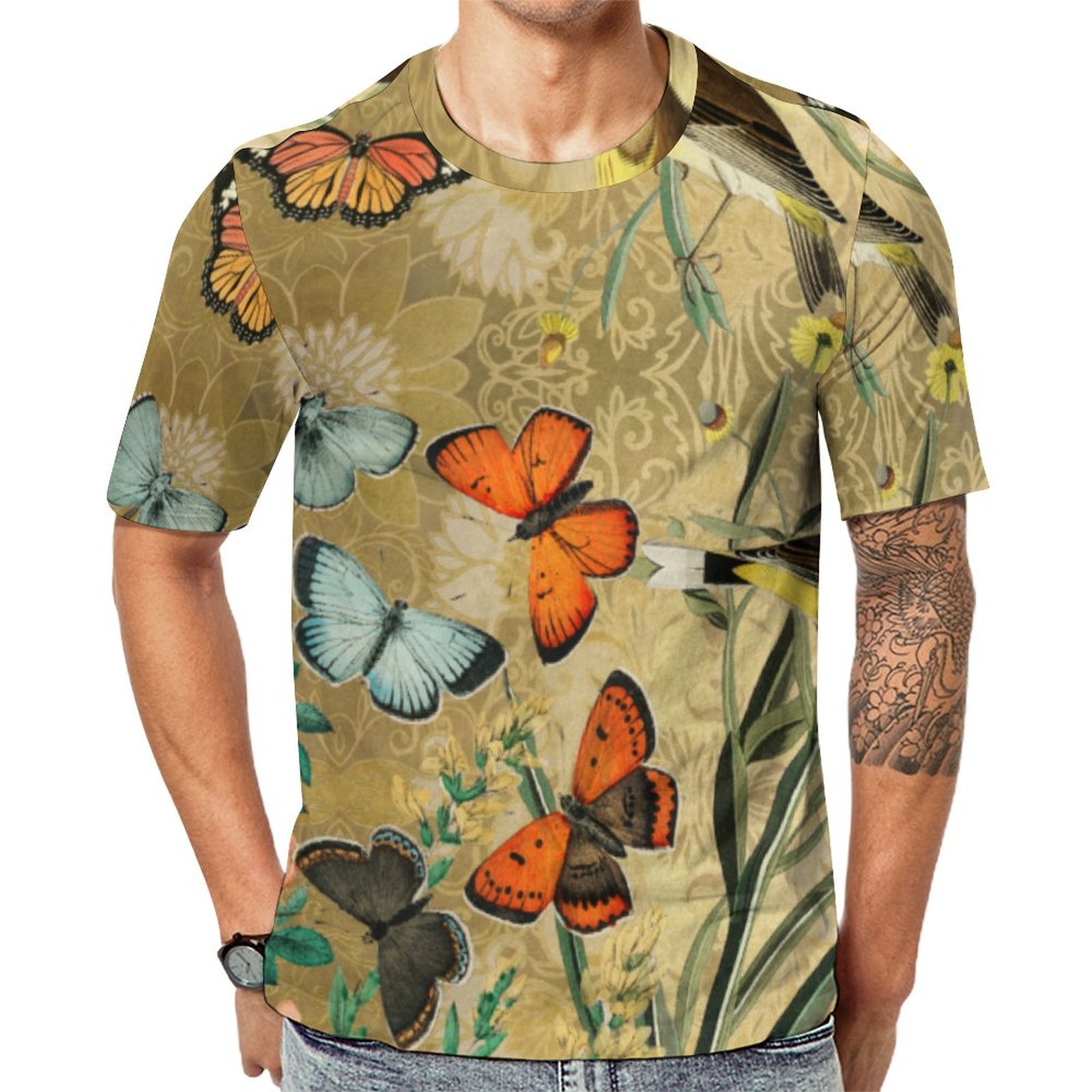 Vintage Butterflies And Birds Botanical Cas Short Sleeve Print Unisex Tshirt Summer Casual Tees for Men and Women Coolcoshirts