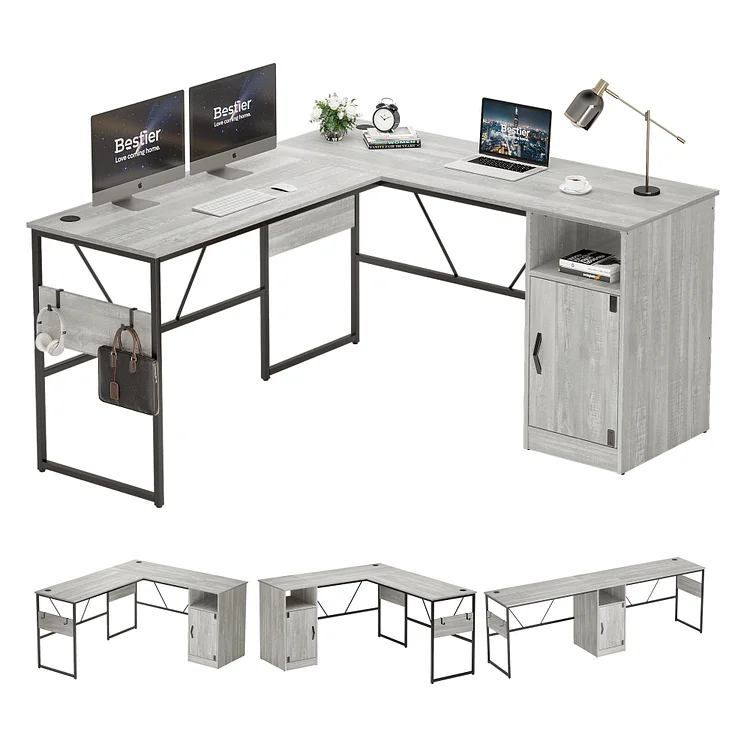 Bestier Reversible 60 inches L Shaped Computer Desk with Storage Cabinet Long Desk