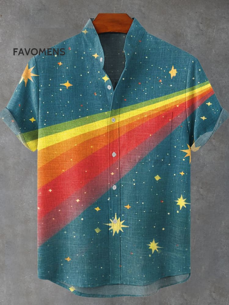 Rainbow Stars Art Print Casual 100% Cotton Shirt Multicolor / S