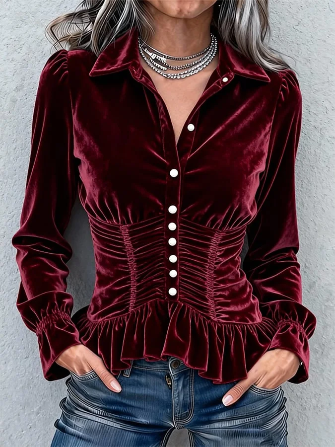 Women'S Casual Lapel Solid Color Velvet Shirt 