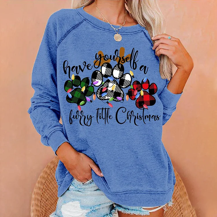 Wearshes Christmas Paw Print Crew Neck Casual Sweatshirt