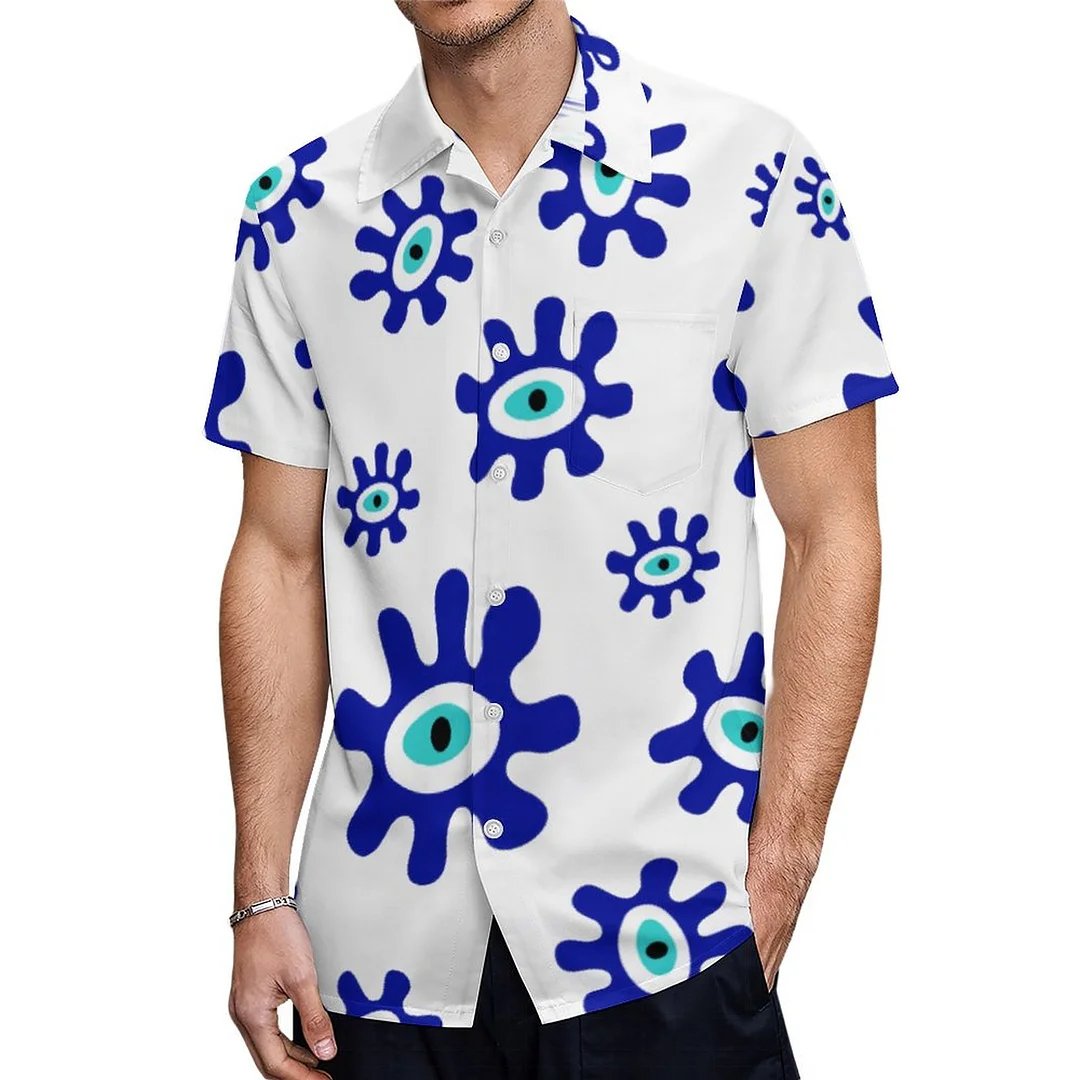 Designer Blue And White Greek Eye Hawaiian Shirt Mens Button Down Plus Size Tropical Hawaii Beach Shirts