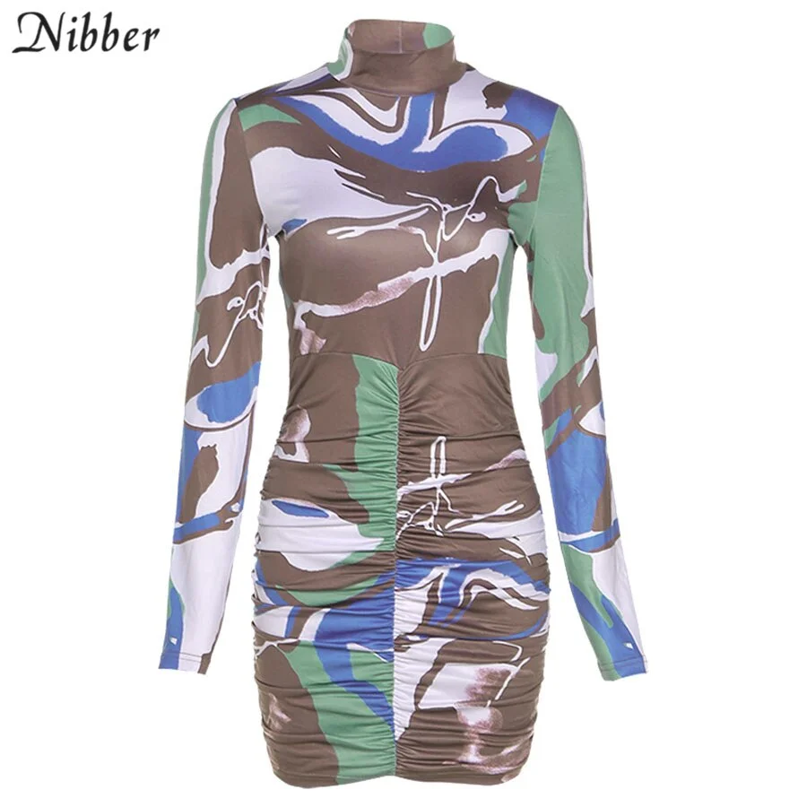 Nibber Y2k Fashion Irregularity Printing Half High Collar Long Sleeve Mini Bodycon Dress Summer Sexy Party Club Clothing