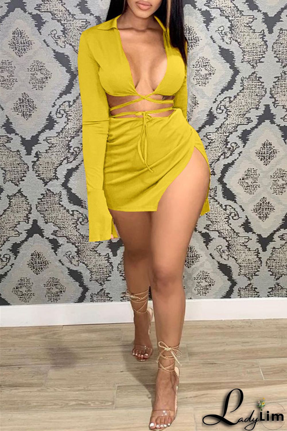 Yellow Fashion Sexy Solid Bandage Slit V Neck Long Sleeve Two Pieces