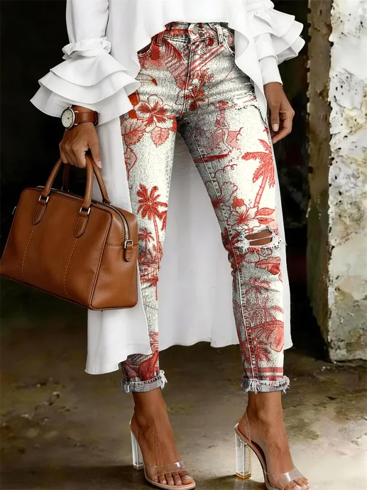 Women's Fashion Casual Multicolor Flowers Art Print Ripped Skinny Jeans