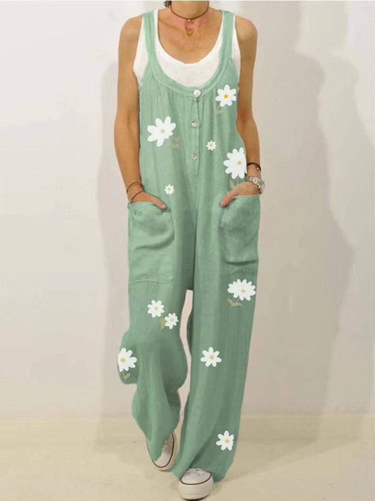Women's Light Green Print Pockets Sleeveless Jumpsuit