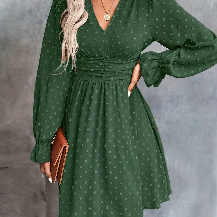 Swiss Dot Ruched Dress, Elegant V Neck Long Sleeve Solid Dress, Women's Clothing