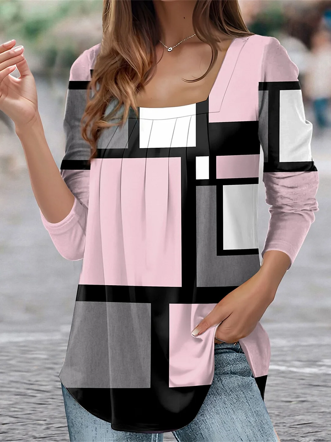 Women Long Sleeve U-neck Plaid Printed Graphic Tops