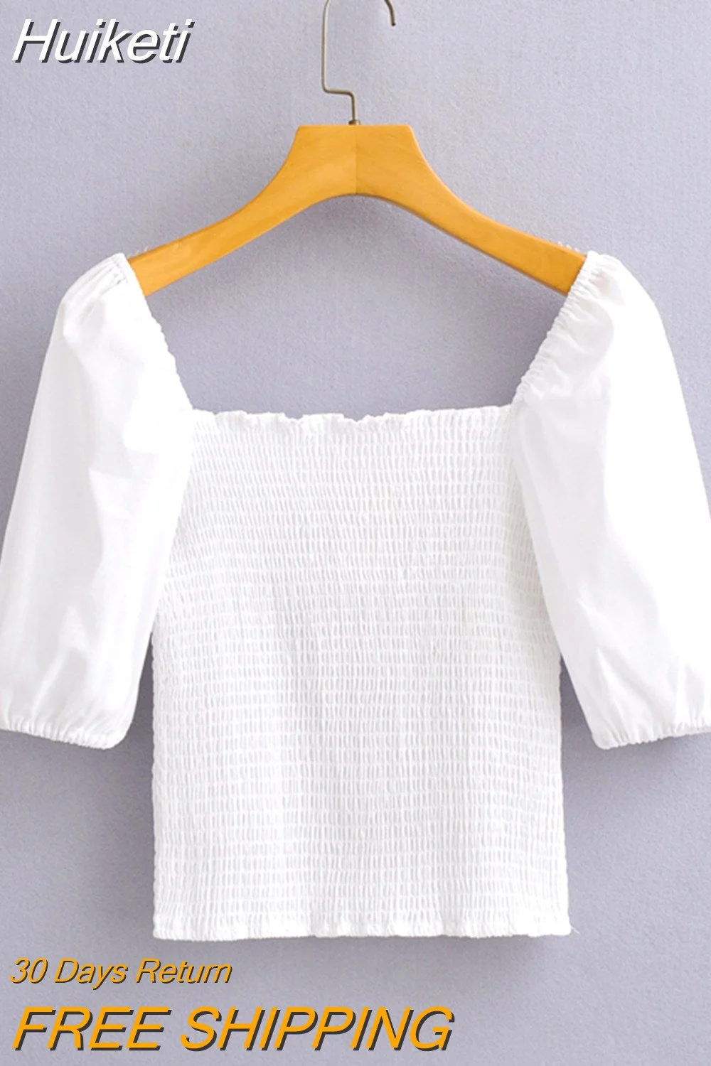 Huiketi Blouses For Women 2023 Elegant Square Neck Smocked White Blouse Top Short Puff Sleeve Cotton Blouse Ladies Casual Tops