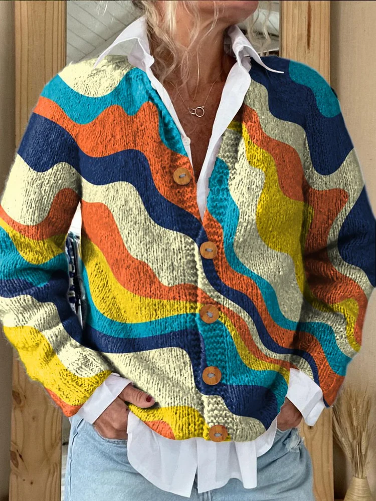 Geometry Abstract Patchwork Colors Print Buttoned Cardigan Sweater
