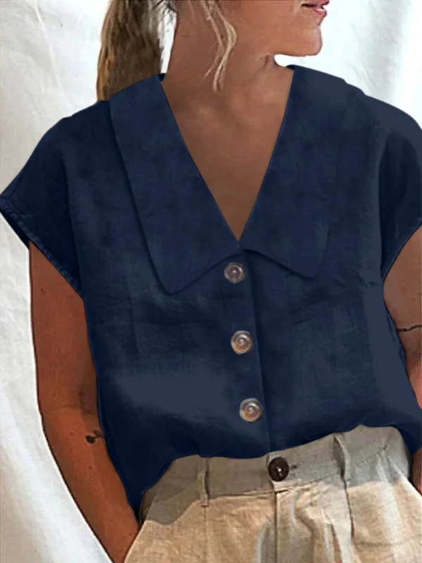Solid Color Buttoned Loose Cap Sleeve V-neck Blouses&shirts Tops