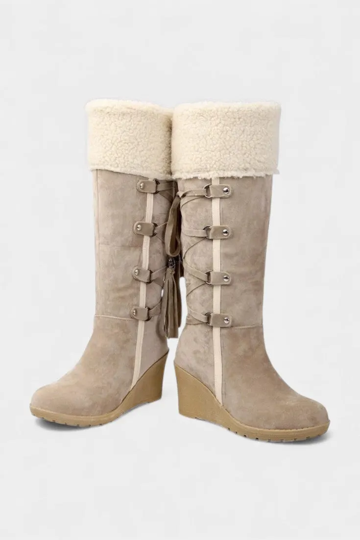 Tall Fur-Trimmed Wedge Boots with Lacing