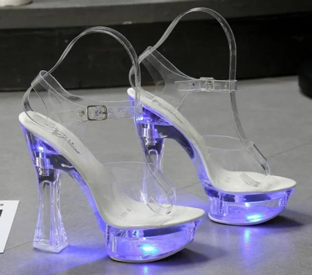 Qengg Square Heels Glowing Sandals Women Summer LED Flowers Transparent High Heels Shining Platform Thick Heel Ladies Banquet Shoes