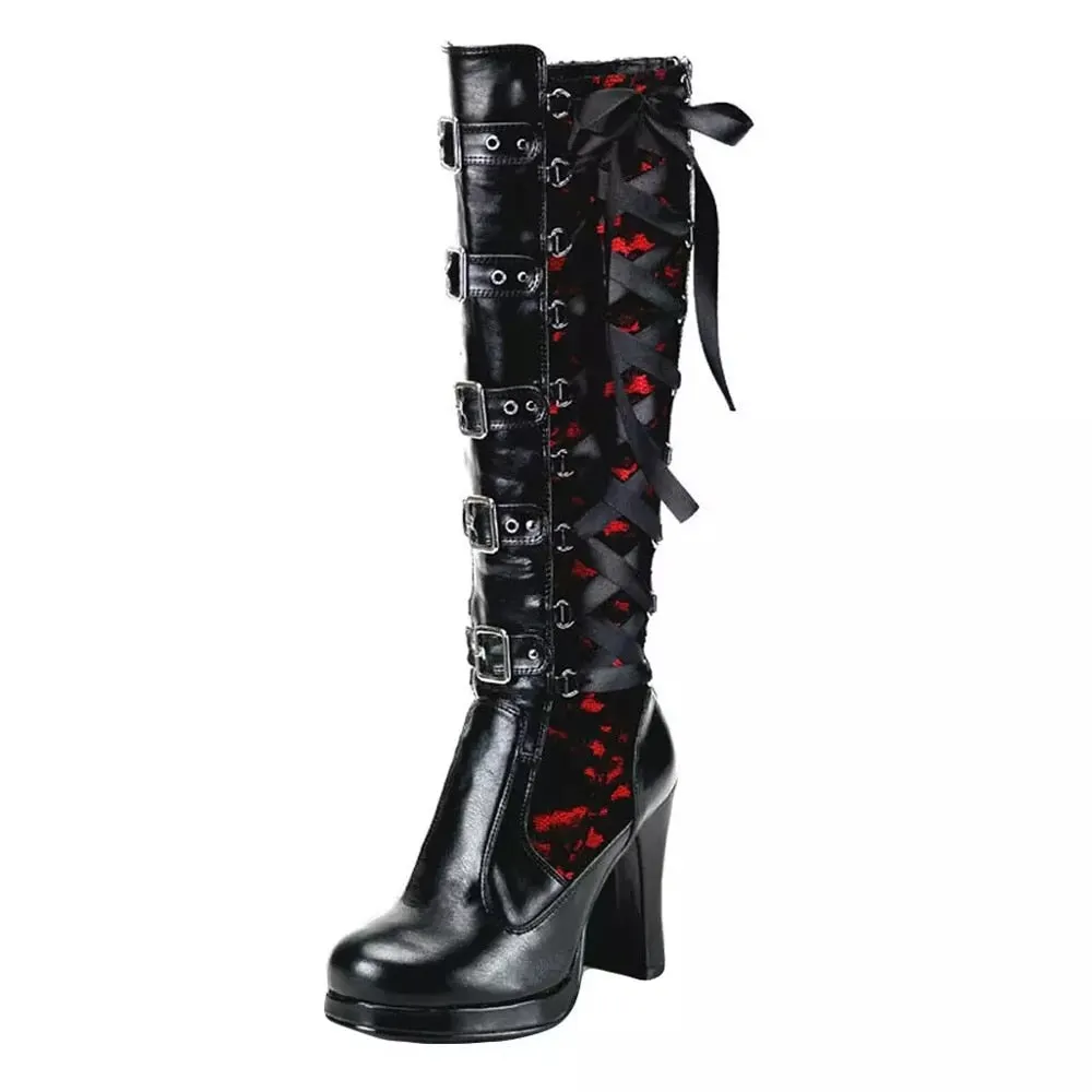 Gdgydh Women's Cosplay Boots Platform Heel Buckle Strap Knight Boots Woman Punk Gothic Classic Black Leather PU Knee High Boots