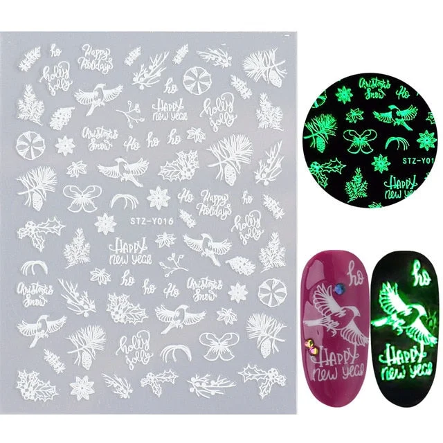 Nail Stickers Back Glue Fluorescent Light Christmas Snowflake Animal 3D Designs Nail Decal Decoration Tips For Beauty Salons-Nail Inspo