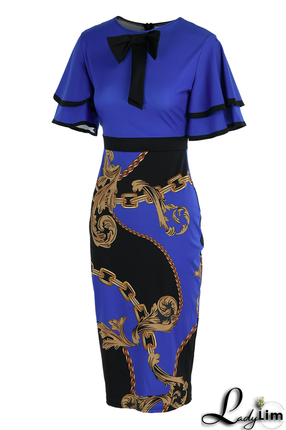 Blue Vintage Print Flounce O Neck Pencil Skirt Dresses