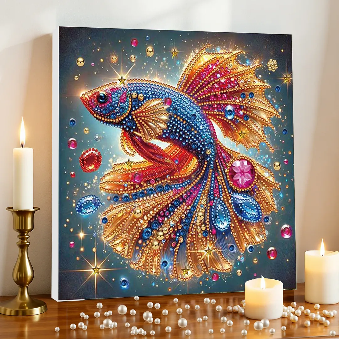 Fish DIY Special Shape Drill Art Craft Pearl Diamond Painting with Frame 25x25cm Diamond Art Pearl Painting Kit for Adults Beginners Home Decor