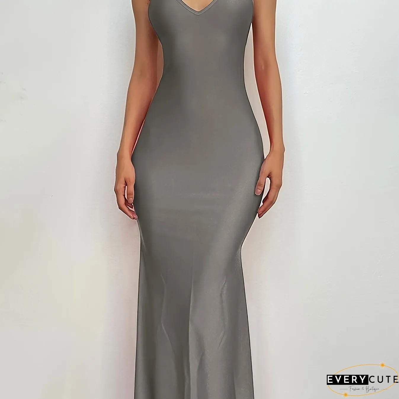 Backless Spaghetti Strap Dress, Sexy V Neck Solid Bodycon Party Club Dress, Women's Clothing