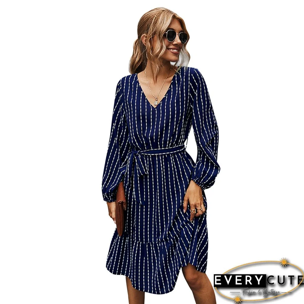 Navy Blue Striped V Neck Tie Waist Fashion Dress