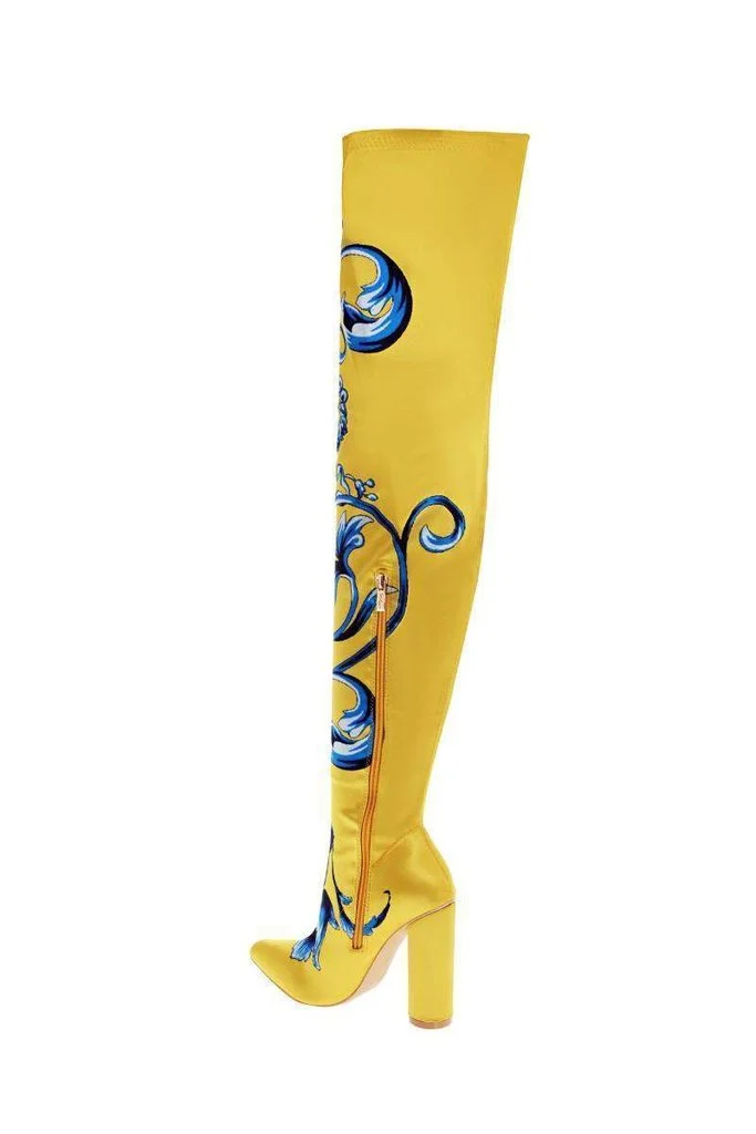 Yellow Satin Floral Chunky Heel Boots Thigh High Boots |FSJ Shoes