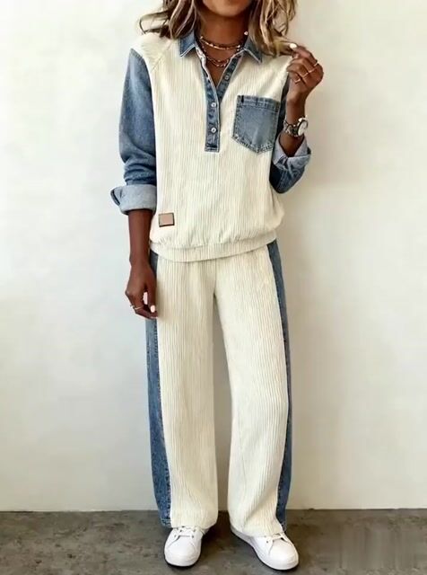 Women'S Casual Denim Blue Contrast Pants Suit 
