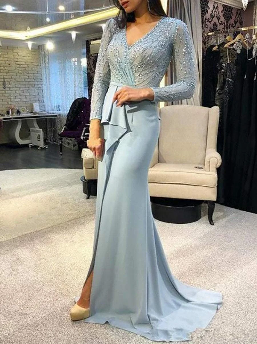 Sexy V-Neck Sequined Long Sleeve Gown
