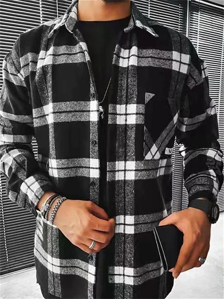 Men's Shirt Jacket Shacket Overshirt Plaid / Check Lattice Turndown Black Blue Orange Brown Gray Outdoor Street Long Sleeve Clothing Apparel Fashion Casual Comfortable